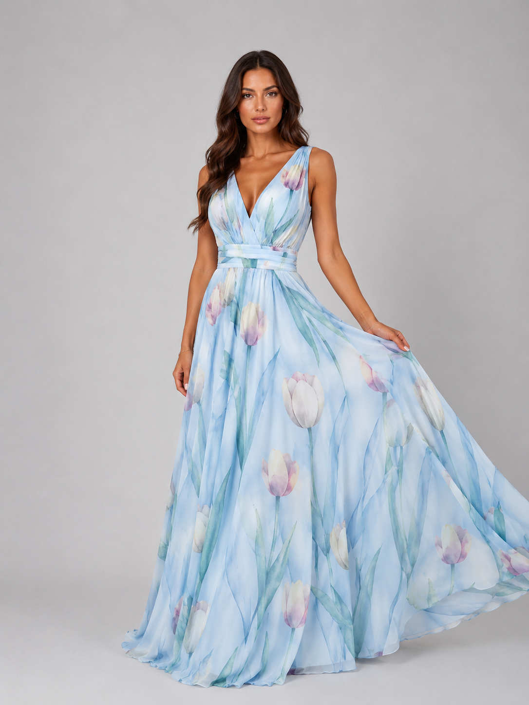 Women's Floral V-Neck Maxi Dress with Cinched Waist