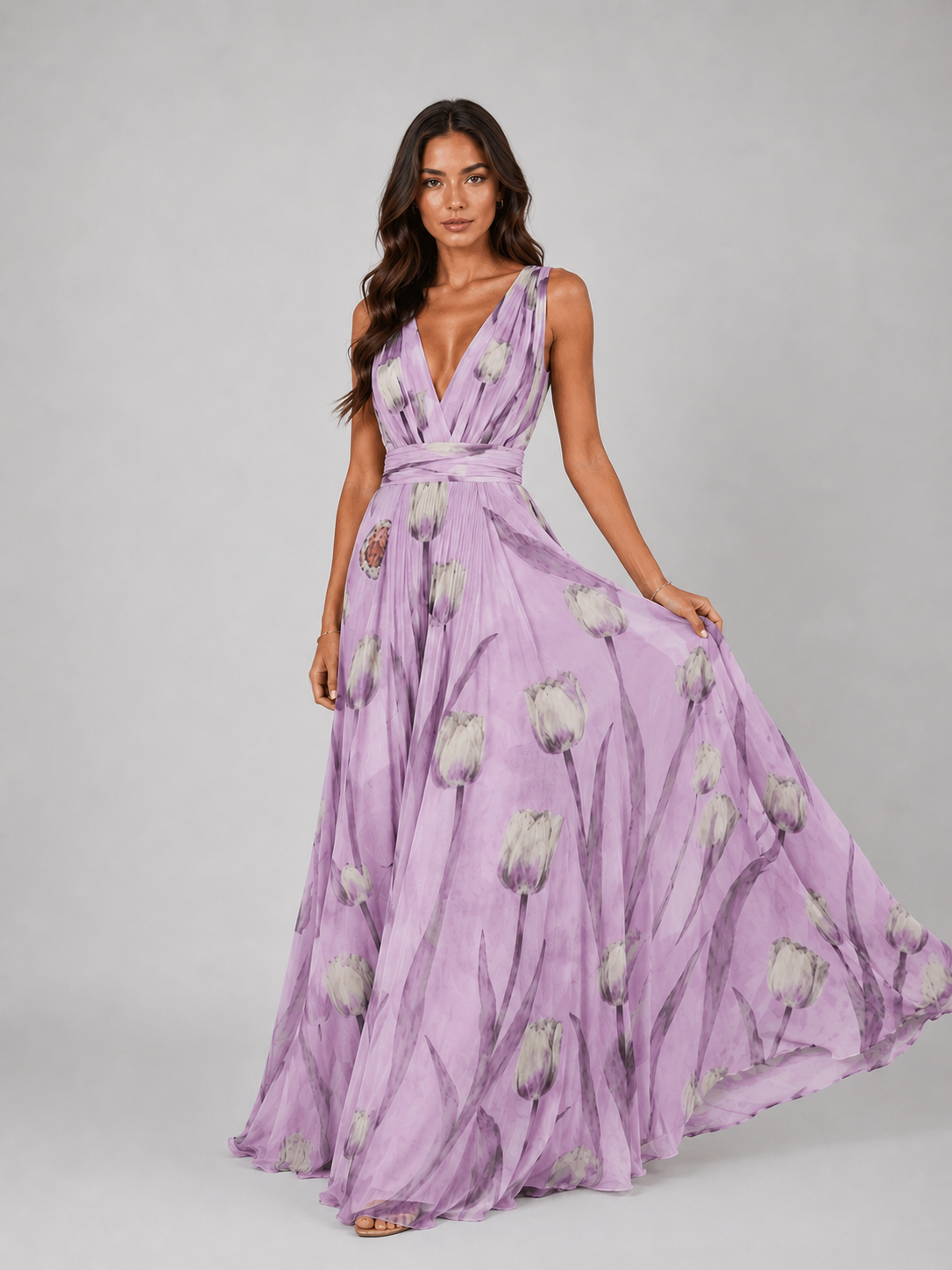 Women's Floral V-Neck Maxi Dress with Cinched Waist