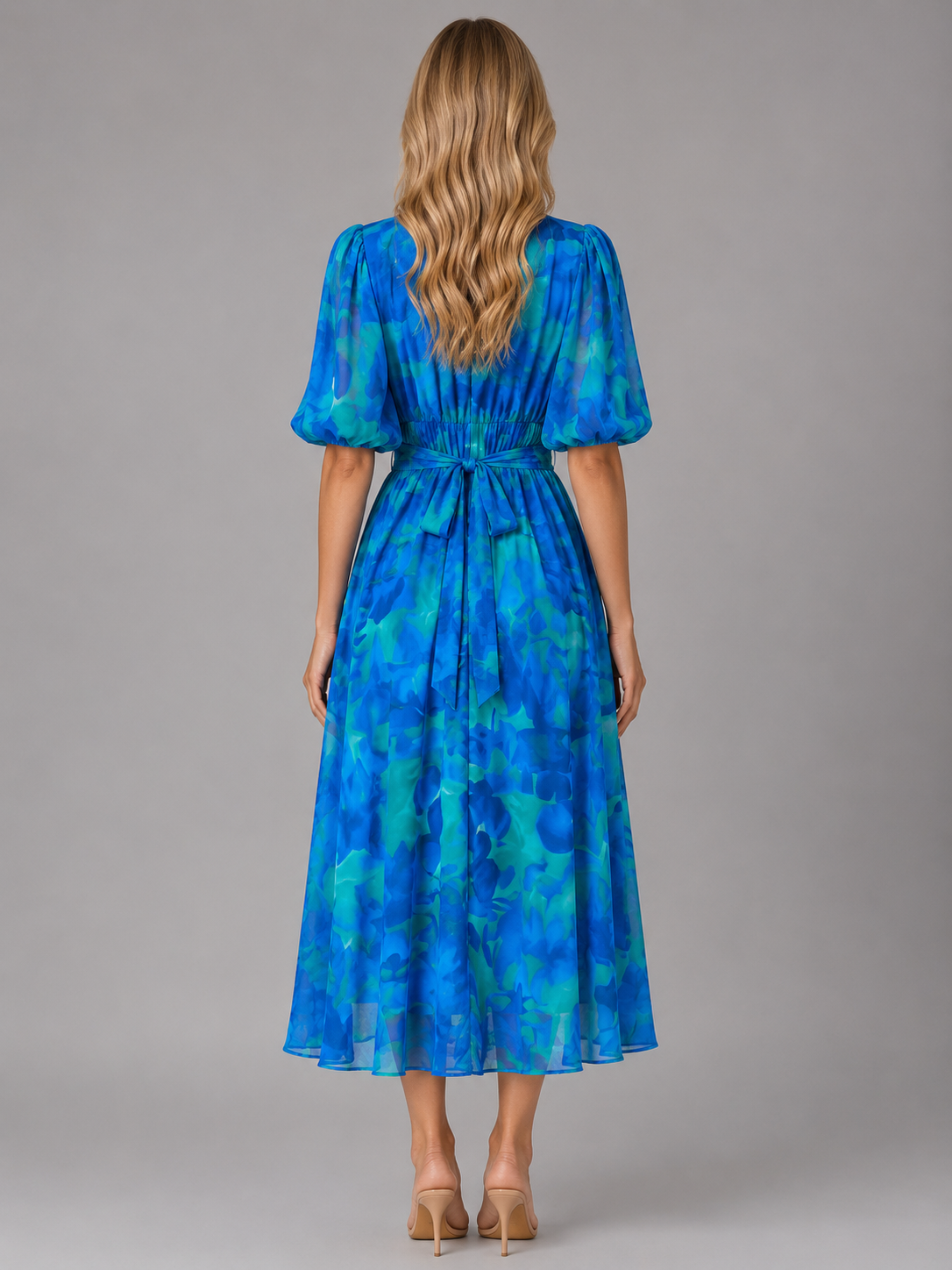 Women's Floral V-Neck Midi Dress with Puff Sleeves