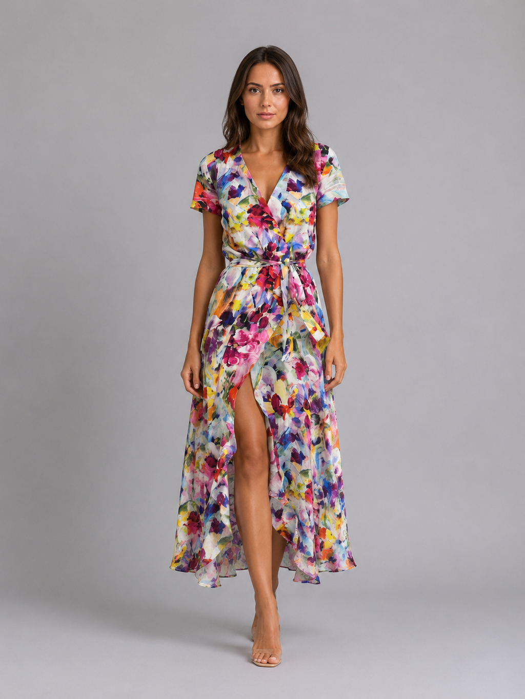 Women's Floral Wrap Midi Dress with Tie Waist