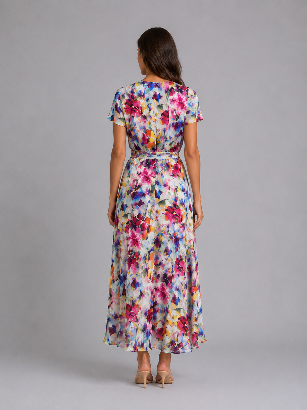 Women's Floral Wrap Midi Dress with Tie Waist