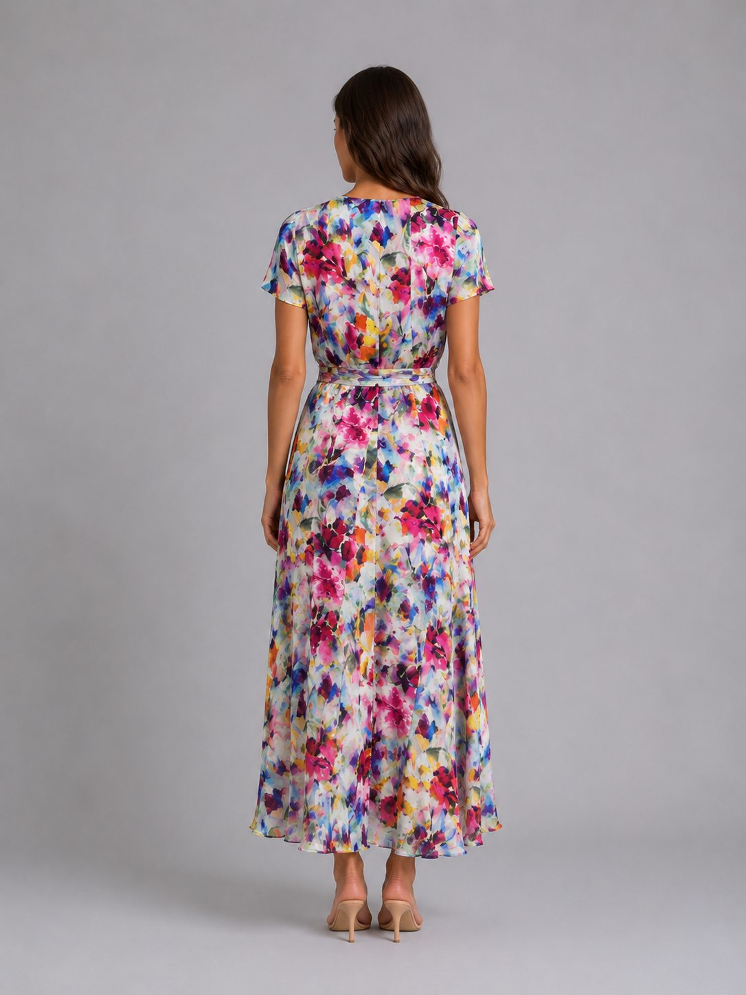 Women's Floral Wrap Midi Dress with Tie Waist