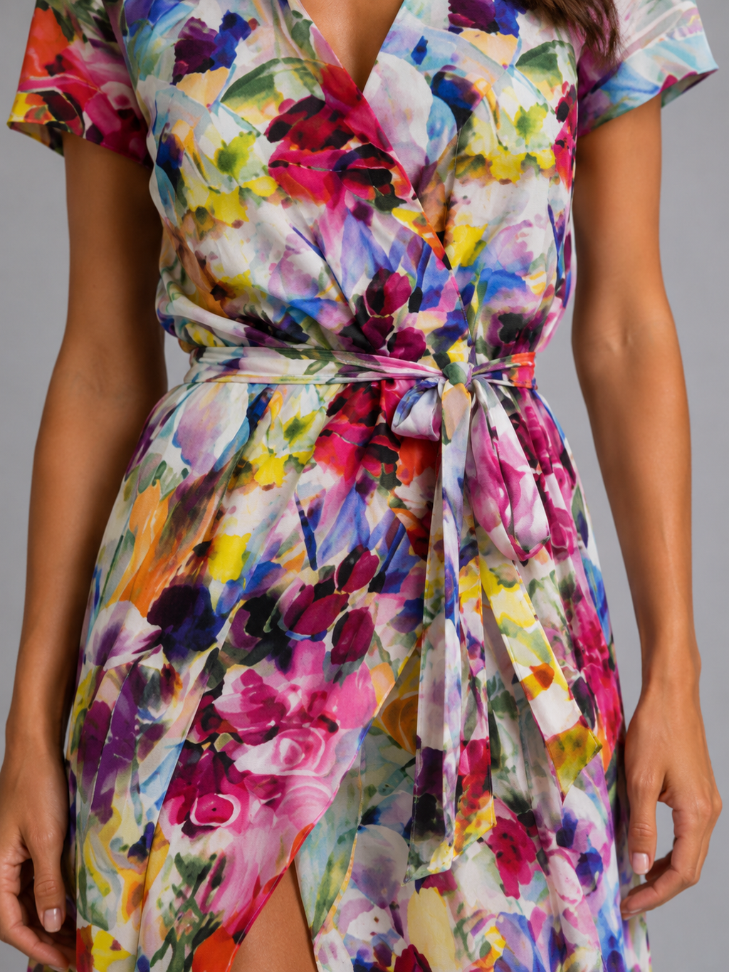 Women's Floral Wrap Midi Dress with Tie Waist