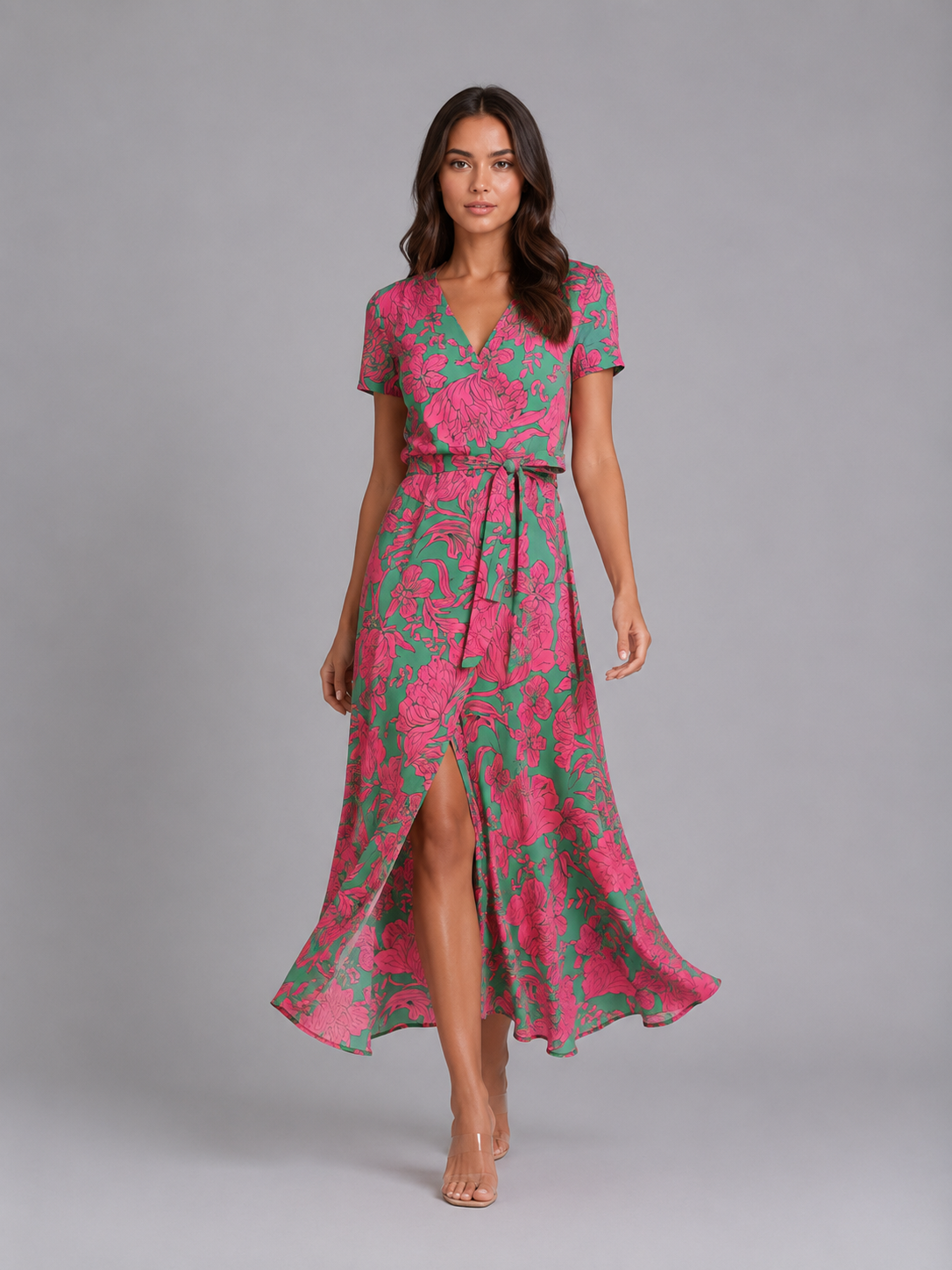 Women's Floral Wrap Midi Dress with Tie Waist