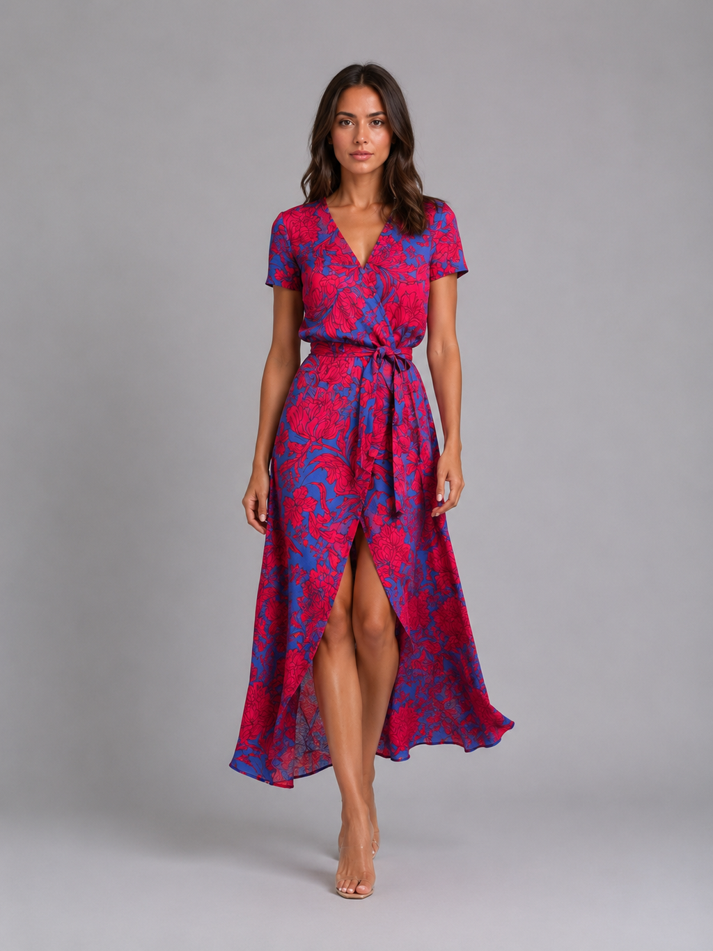 Women's Floral Wrap Midi Dress with Tie Waist