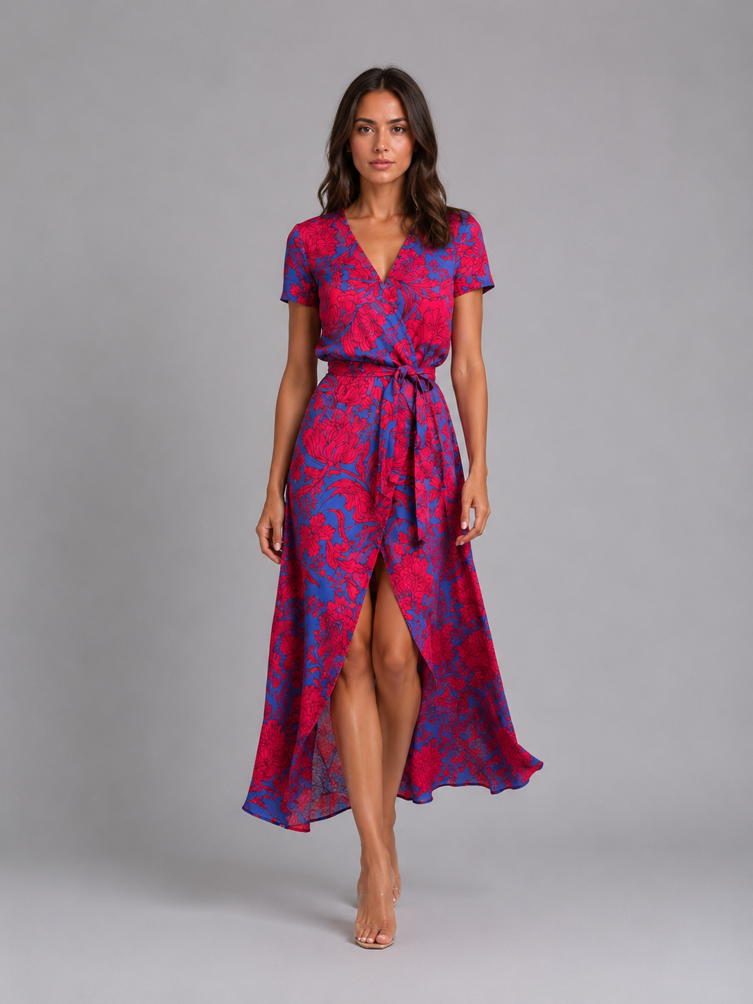 Women's Floral Wrap Midi Dress with Tie Waist