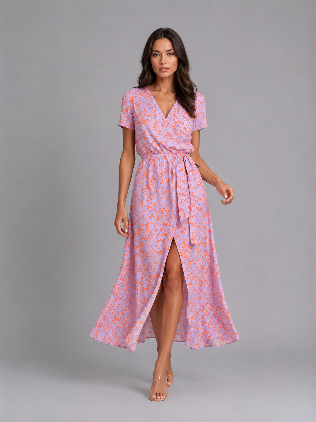 Women's Floral Wrap Midi Dress with Tie Waist