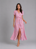 Women's Floral Wrap Midi Dress with Tie Waist