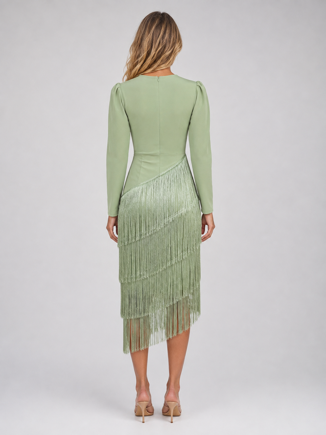 Women's Fringe Long Sleeve Evening Dress