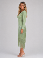 Women's Fringe Long Sleeve Evening Dress