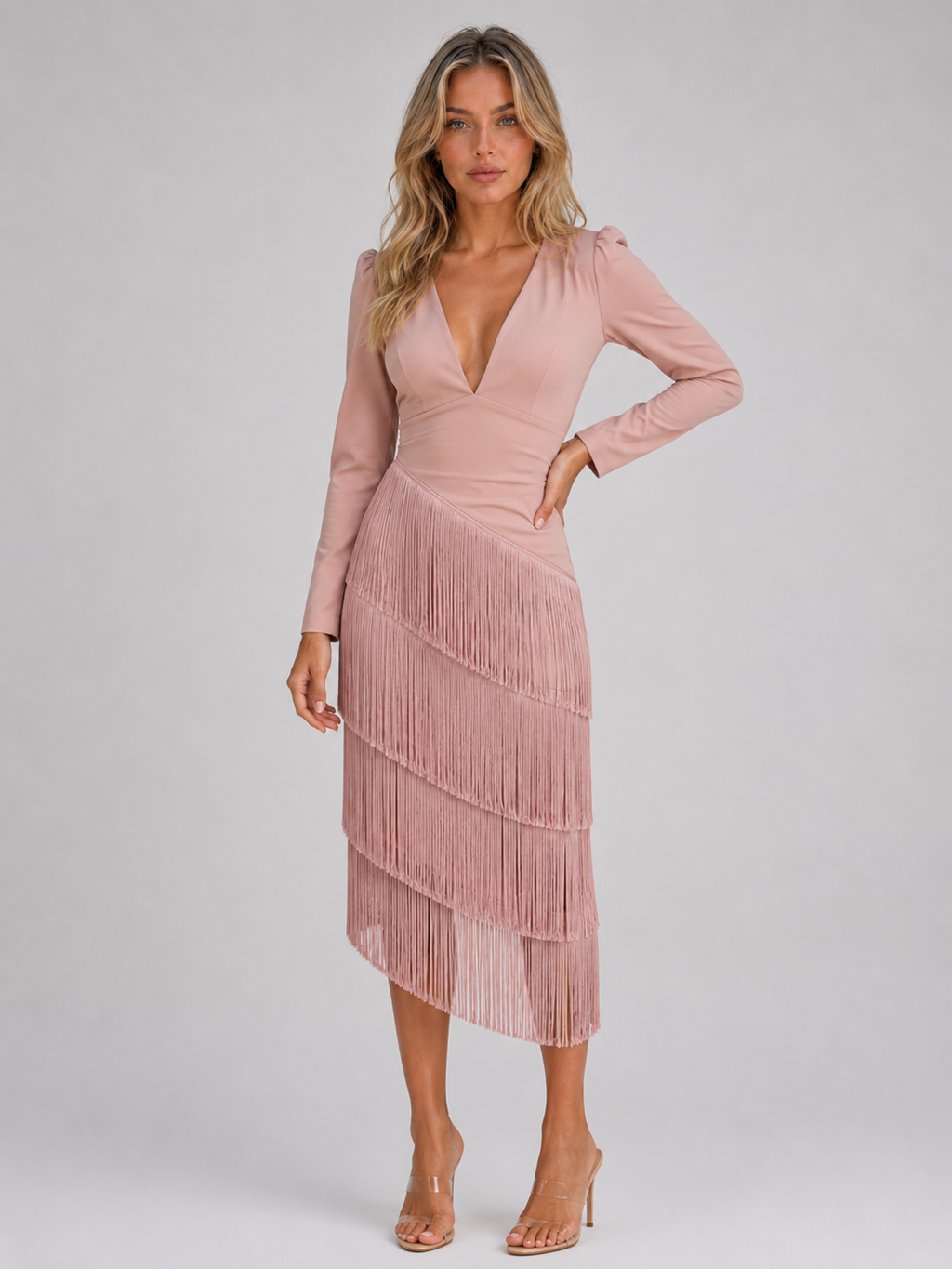 Women's Fringe Long Sleeve Evening Dress