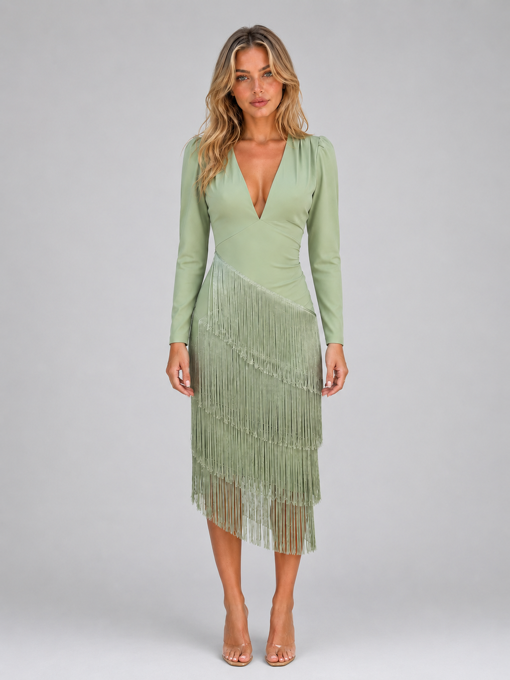 Women's Fringe Long Sleeve Evening Dress