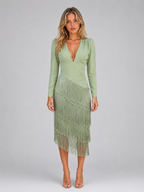 Women's Fringe Long Sleeve Evening Dress