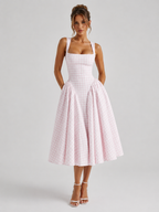 Women's Gingham Midi Dress with Full Skirt