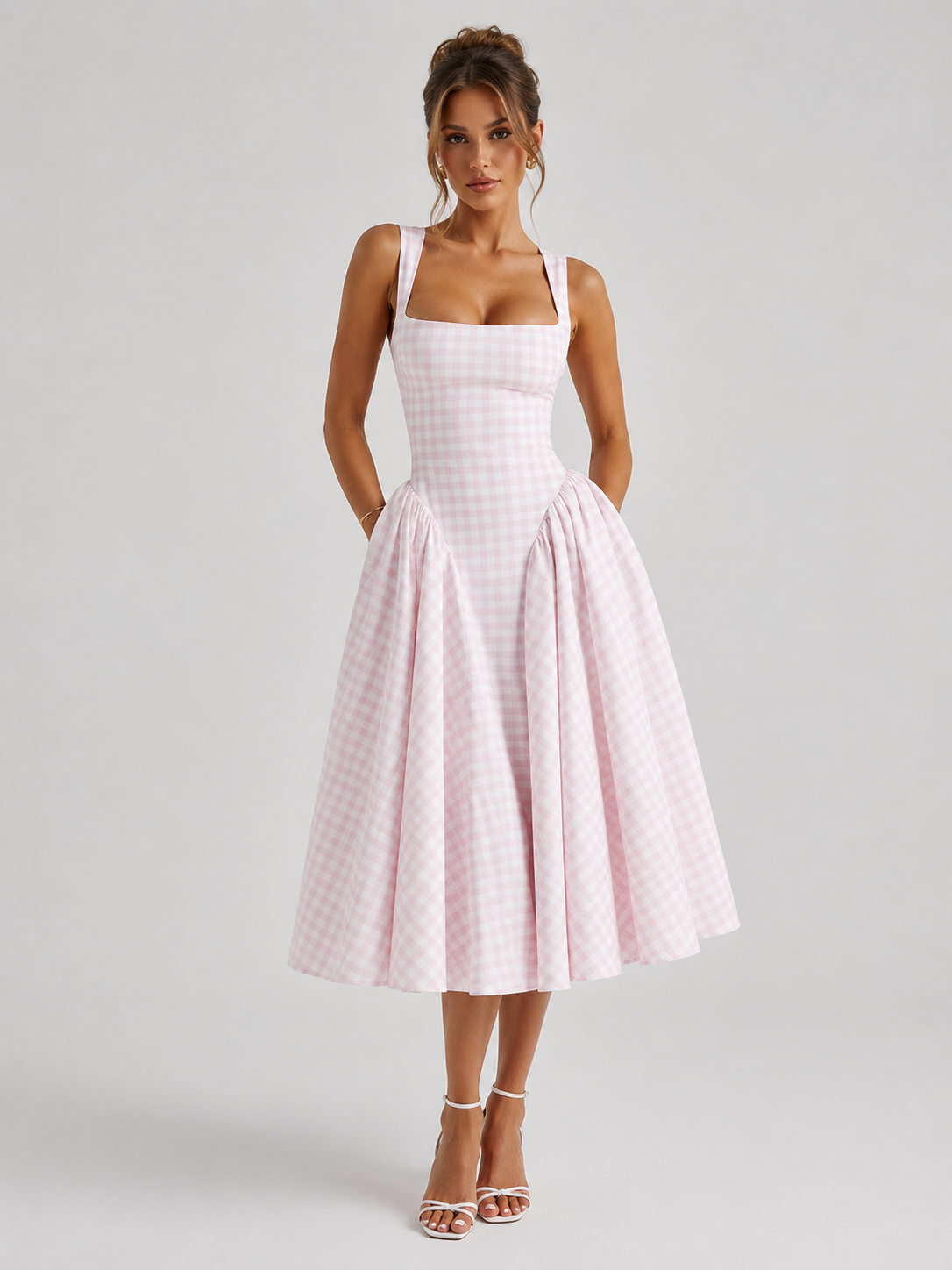 Women's Gingham Midi Dress with Full Skirt