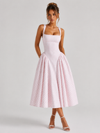 Women's Gingham Midi Dress with Full Skirt