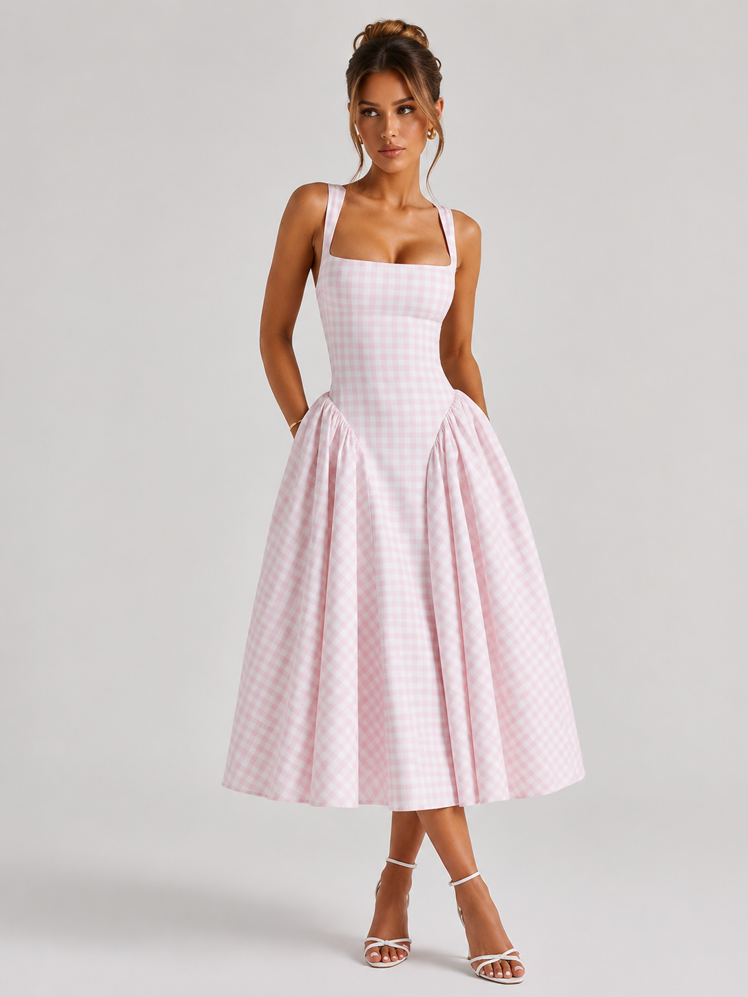 Women's Gingham Midi Dress with Full Skirt