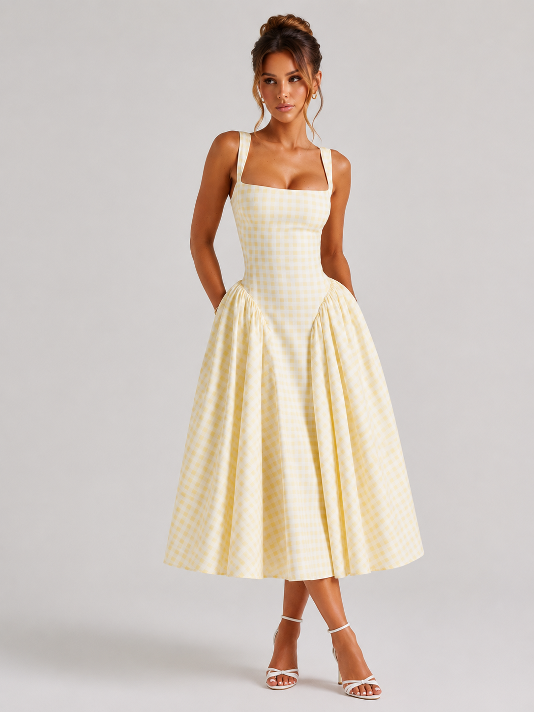 Women's Gingham Midi Dress with Full Skirt