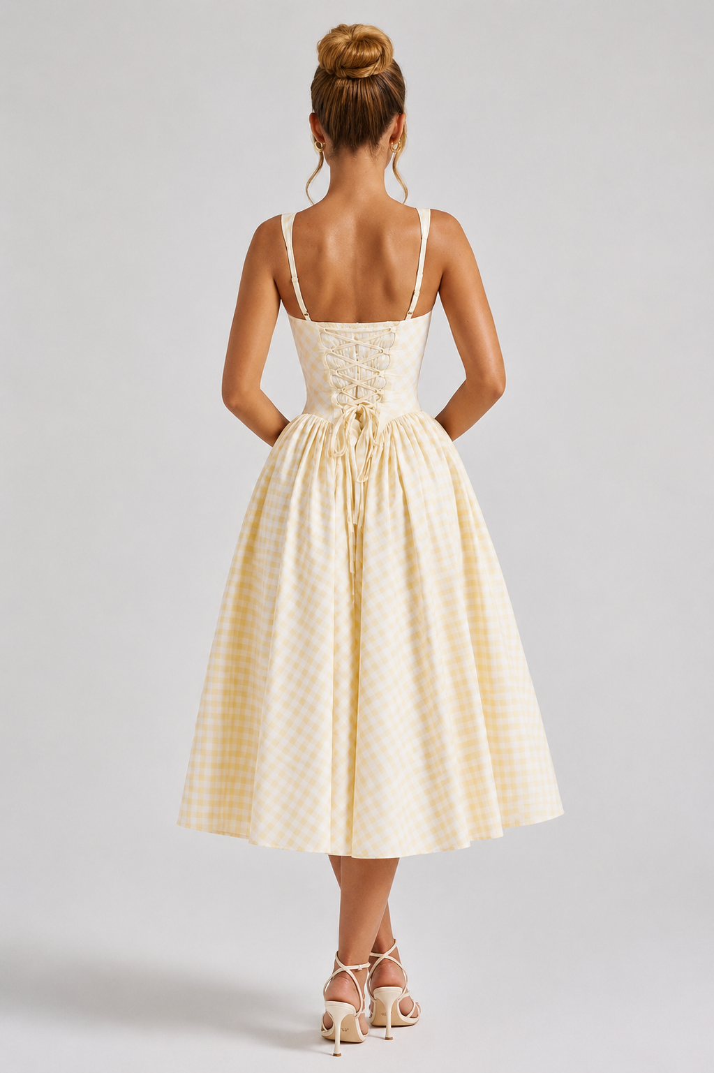 Women's Gingham Midi Dress with Full Skirt