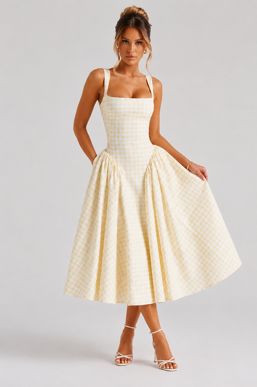 Women's Gingham Midi Dress with Full Skirt