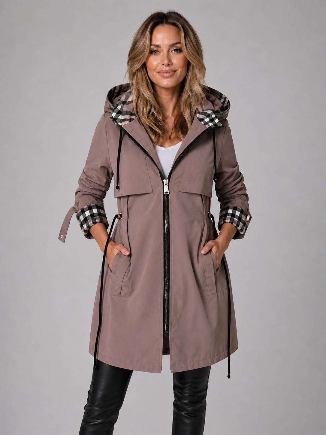 Women's Hooded Longline Jacket with Adjustable Waist
