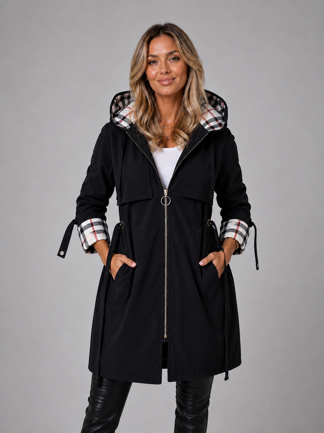 Women's Hooded Longline Jacket with Adjustable Waist