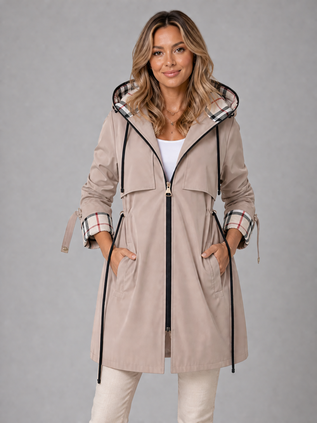 Women's Hooded Longline Jacket with Adjustable Waist