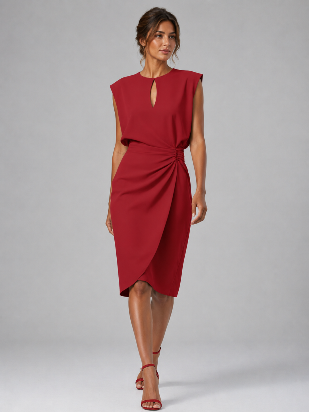 Women's Keyhole Neck Midi Dress with Ruched Waist