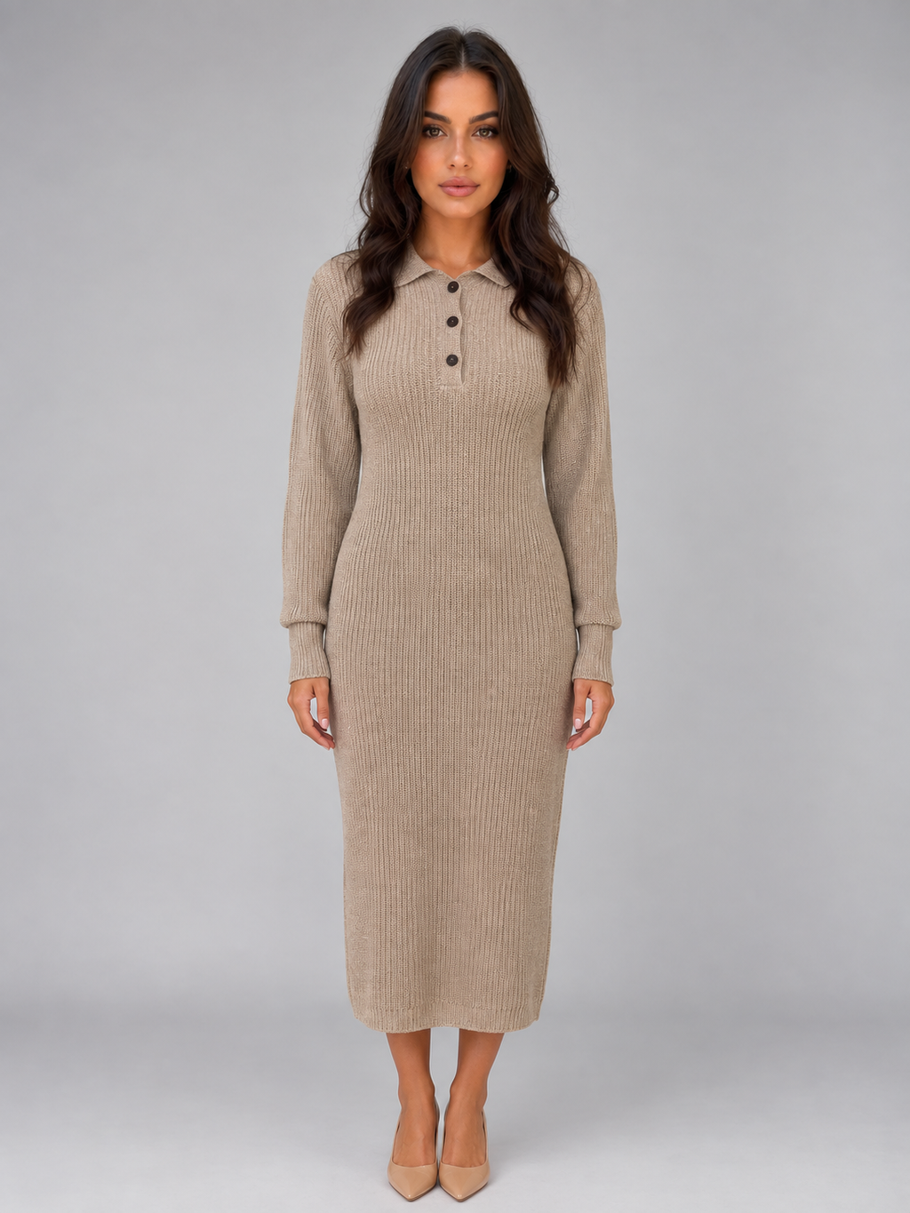 Women's Polo Collar Knit Midi Dress