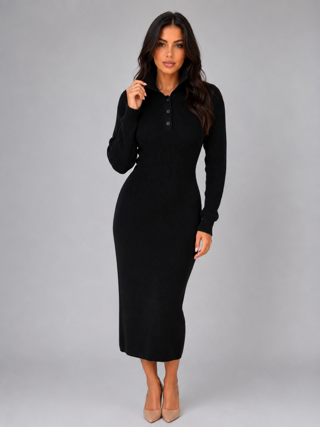 Women's Polo Collar Knit Midi Dress