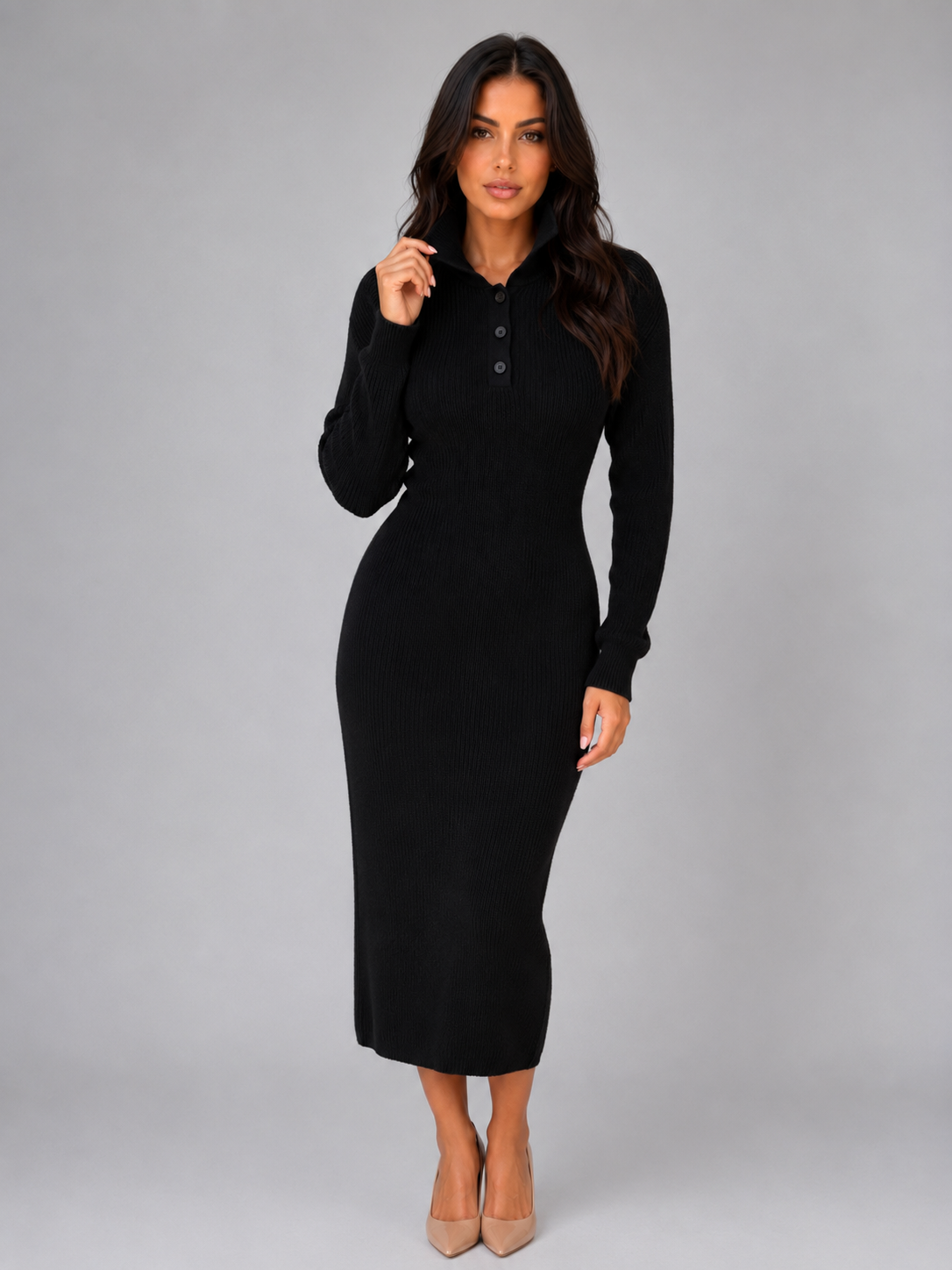 Women's Polo Collar Knit Midi Dress