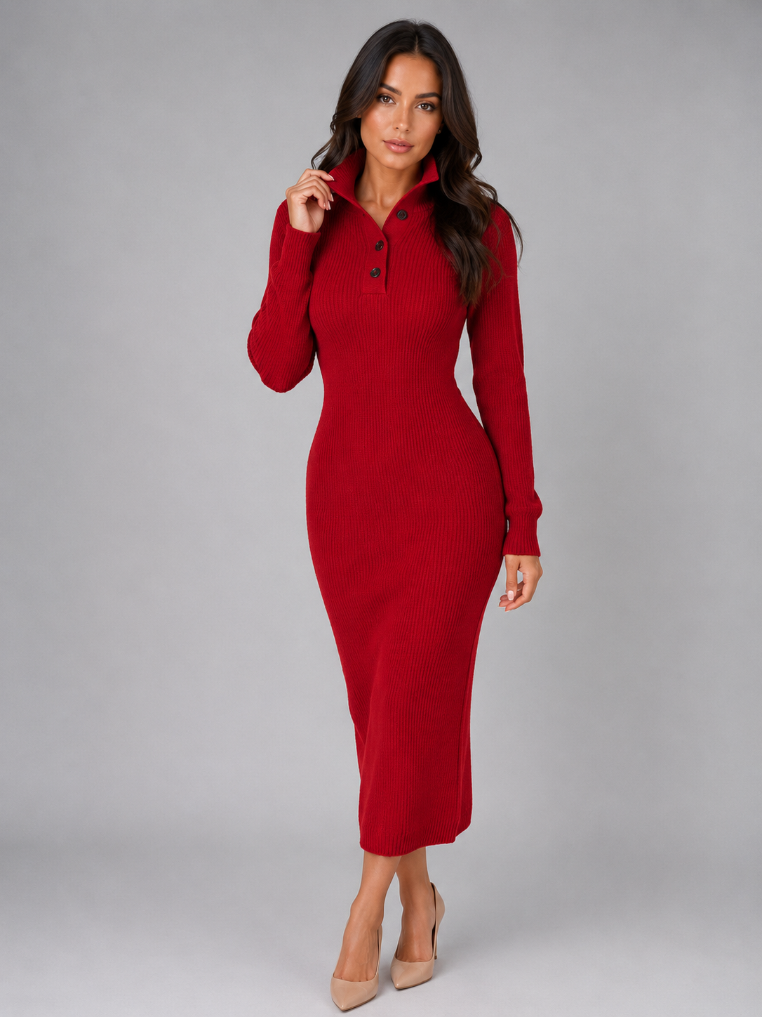 Women's Polo Collar Knit Midi Dress