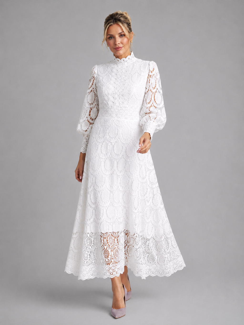 Women's Lace Midi Dress with Long Sleeves