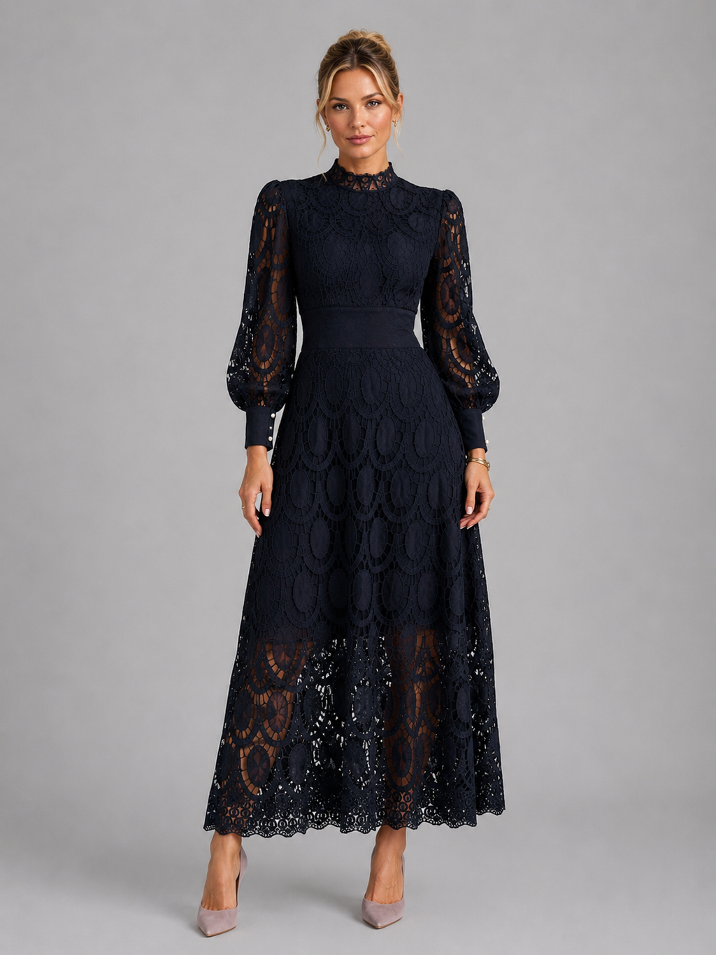 Women's Lace Midi Dress with Long Sleeves