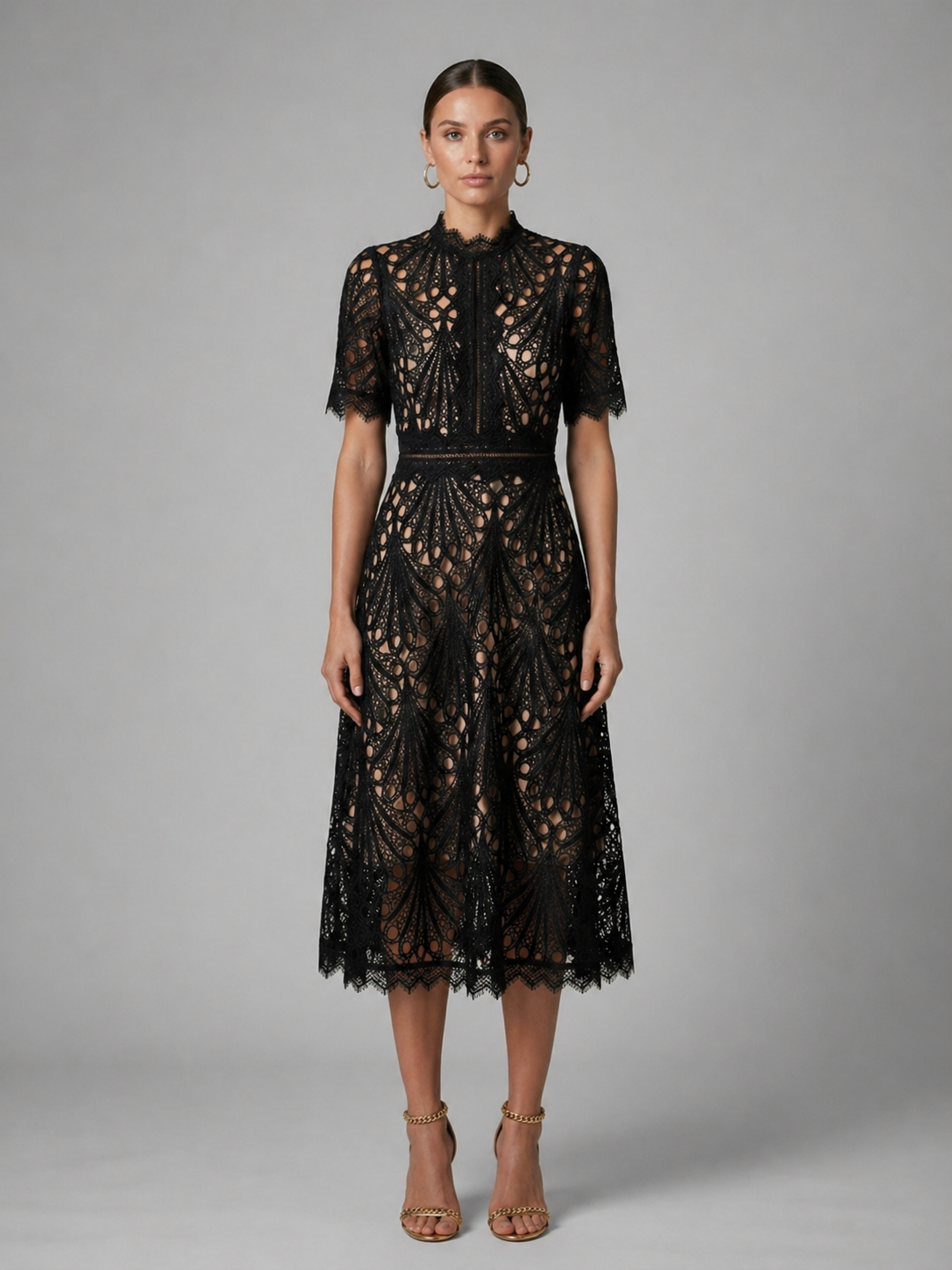 Women's Lace Midi Dress with High Neck