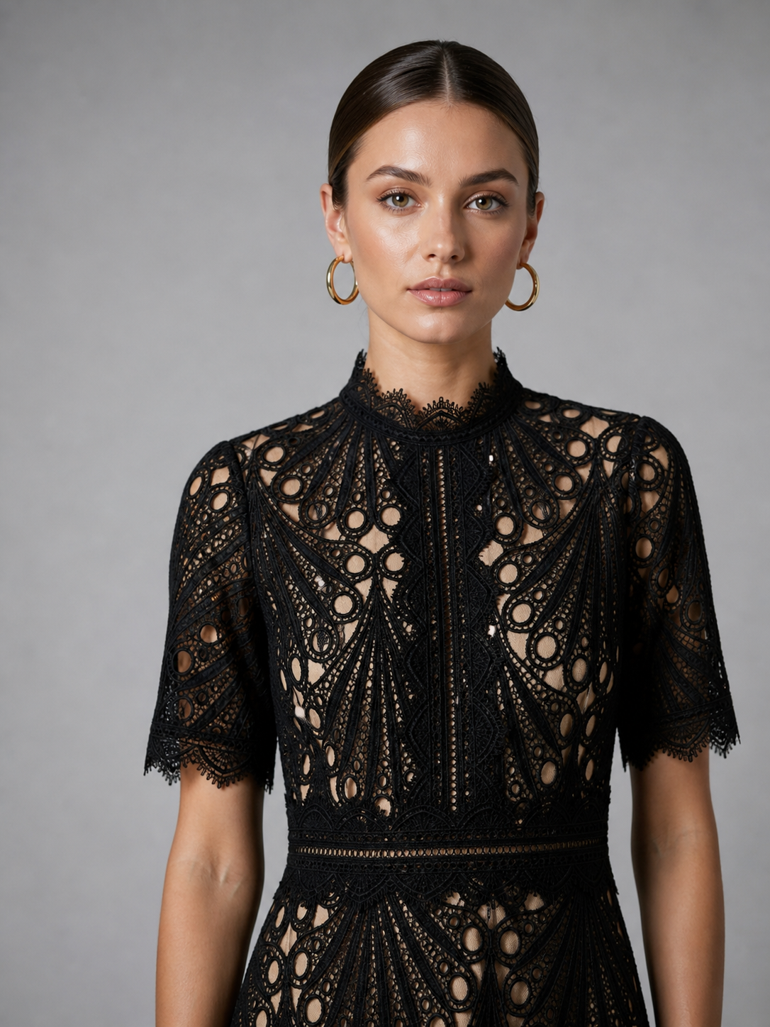 Women's Lace Midi Dress with High Neck