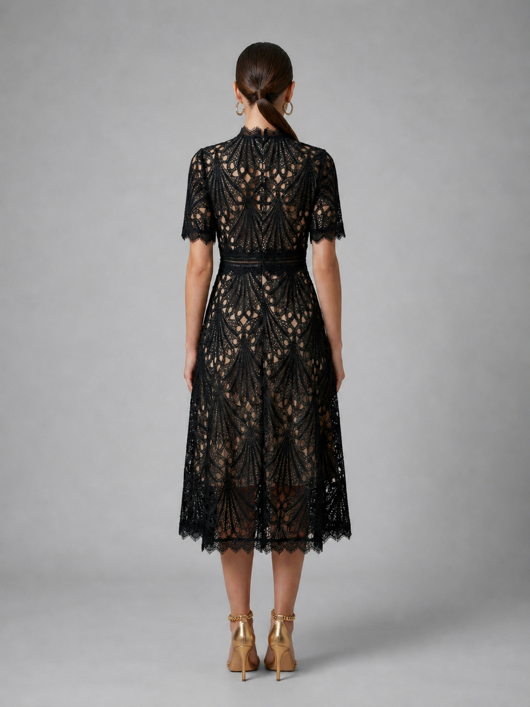 Women's Lace Midi Dress with High Neck