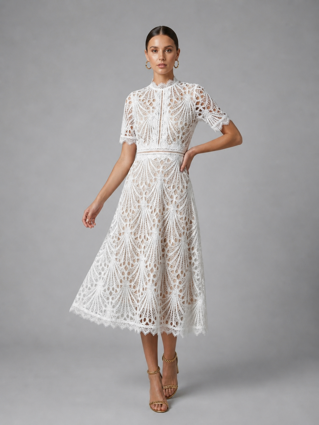 Women's Lace Midi Dress with High Neck