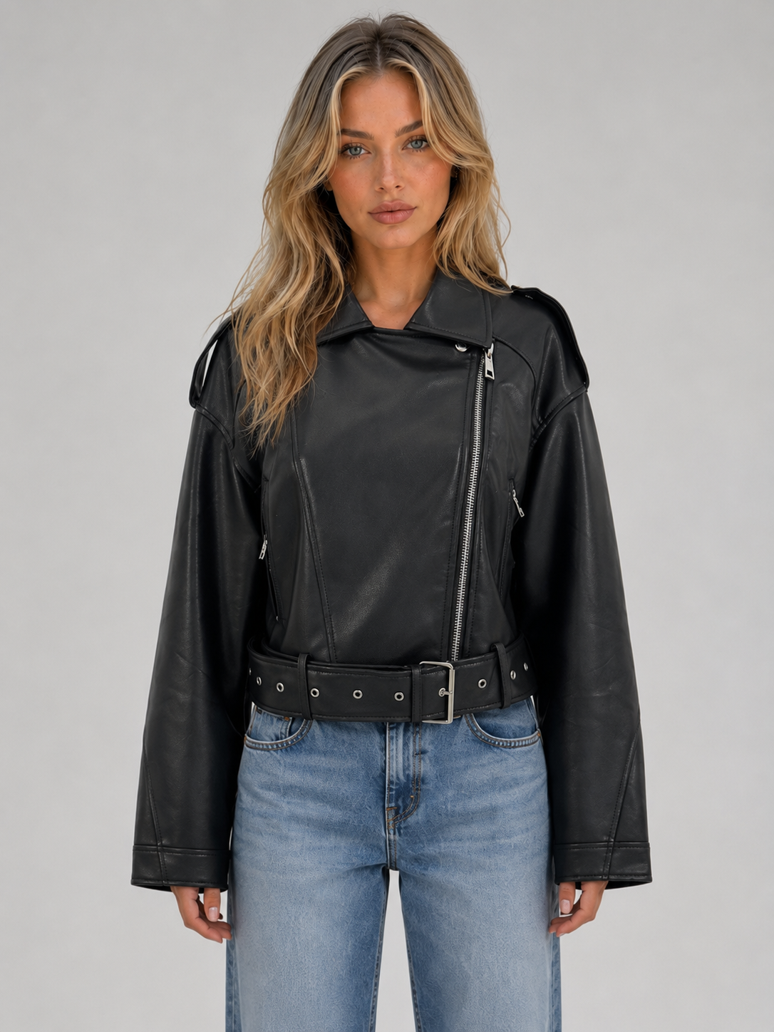 Women's Leather Look Biker Jacket – Relaxed Fit Belted Moto Style