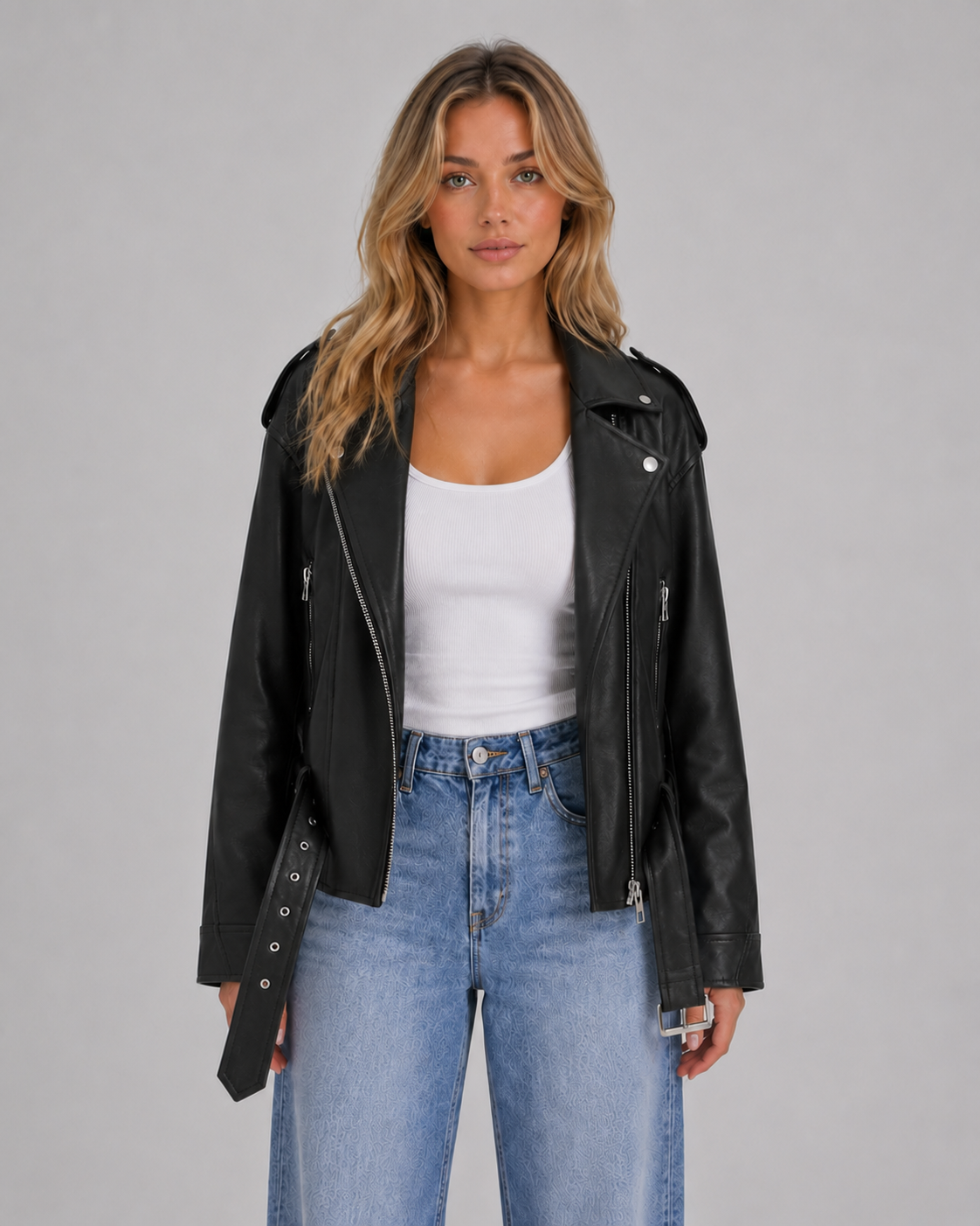 Women's Leather Look Biker Jacket – Relaxed Fit Belted Moto Style