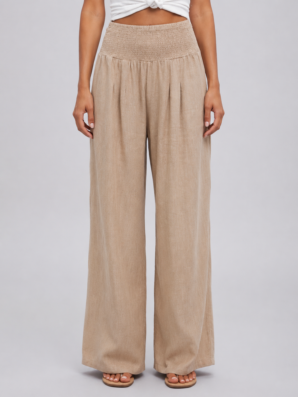 Women's Linen Look Wide Leg Trousers with Smocked Waist