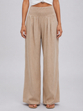 Women's Linen Look Wide Leg Trousers with Smocked Waist