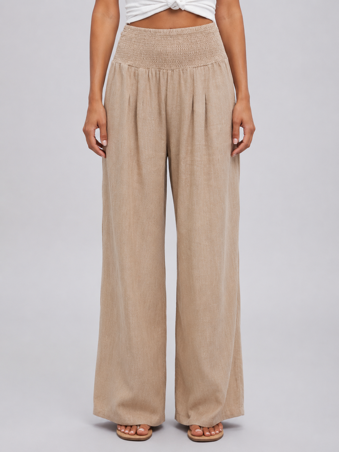 Women's Linen Look Wide Leg Trousers with Smocked Waist