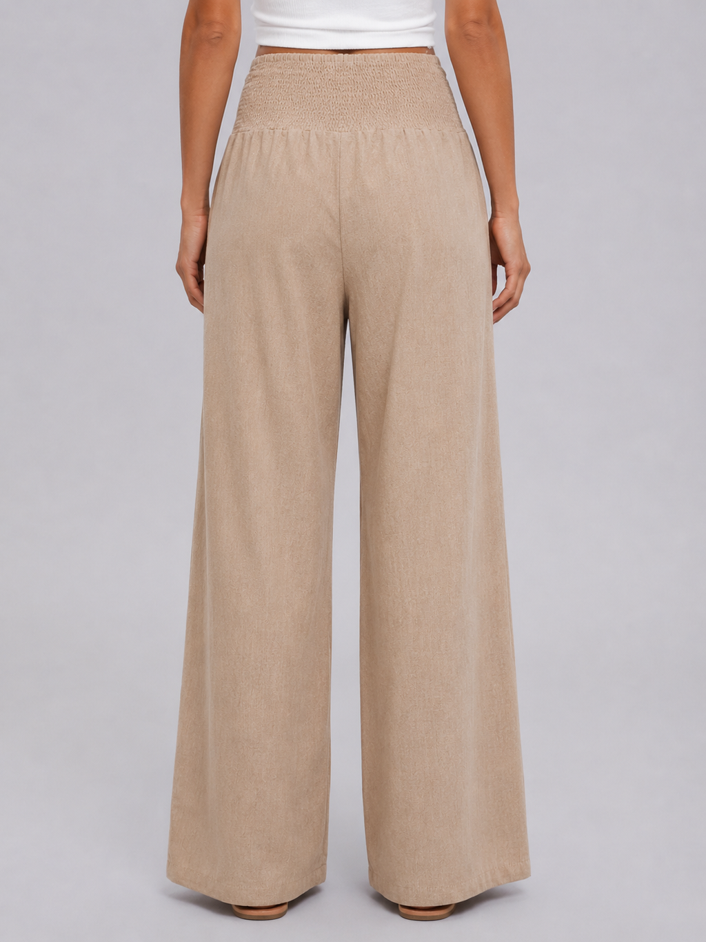 Women's Linen Look Wide Leg Trousers with Smocked Waist