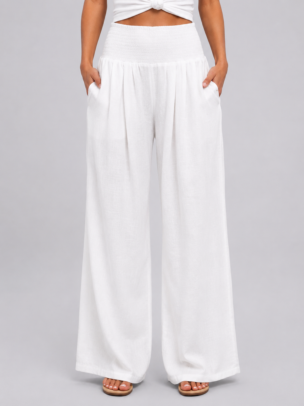 Women's Linen Look Wide Leg Trousers with Smocked Waist