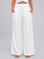 Women's Linen Look Wide Leg Trousers with Smocked Waist