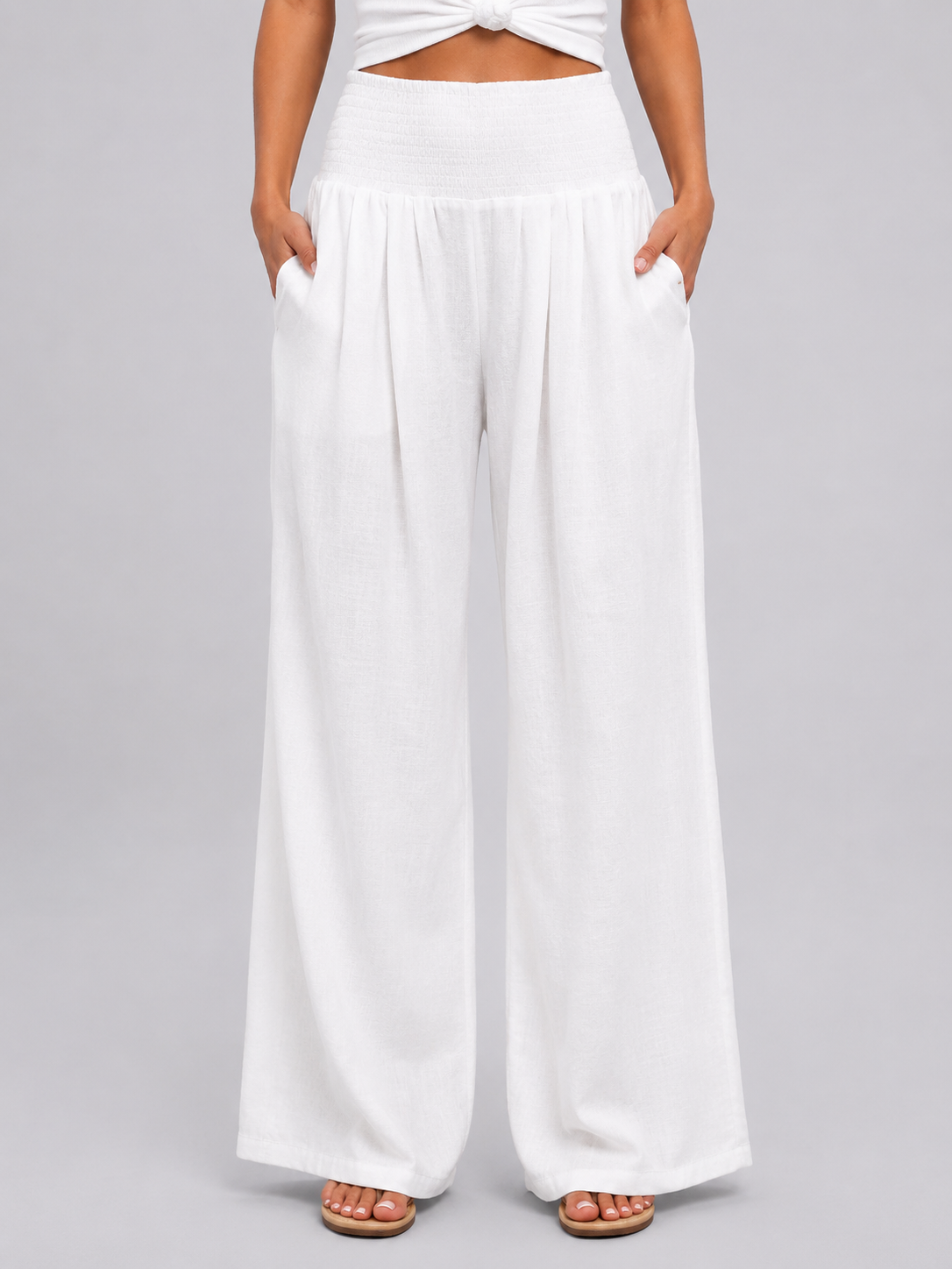 Women's Linen Look Wide Leg Trousers with Smocked Waist
