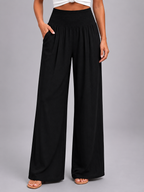 Women's Linen Look Wide Leg Trousers with Smocked Waist
