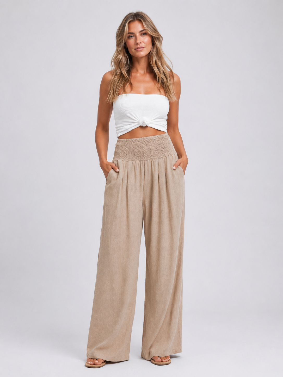 Women's Linen Look Wide Leg Trousers with Smocked Waist