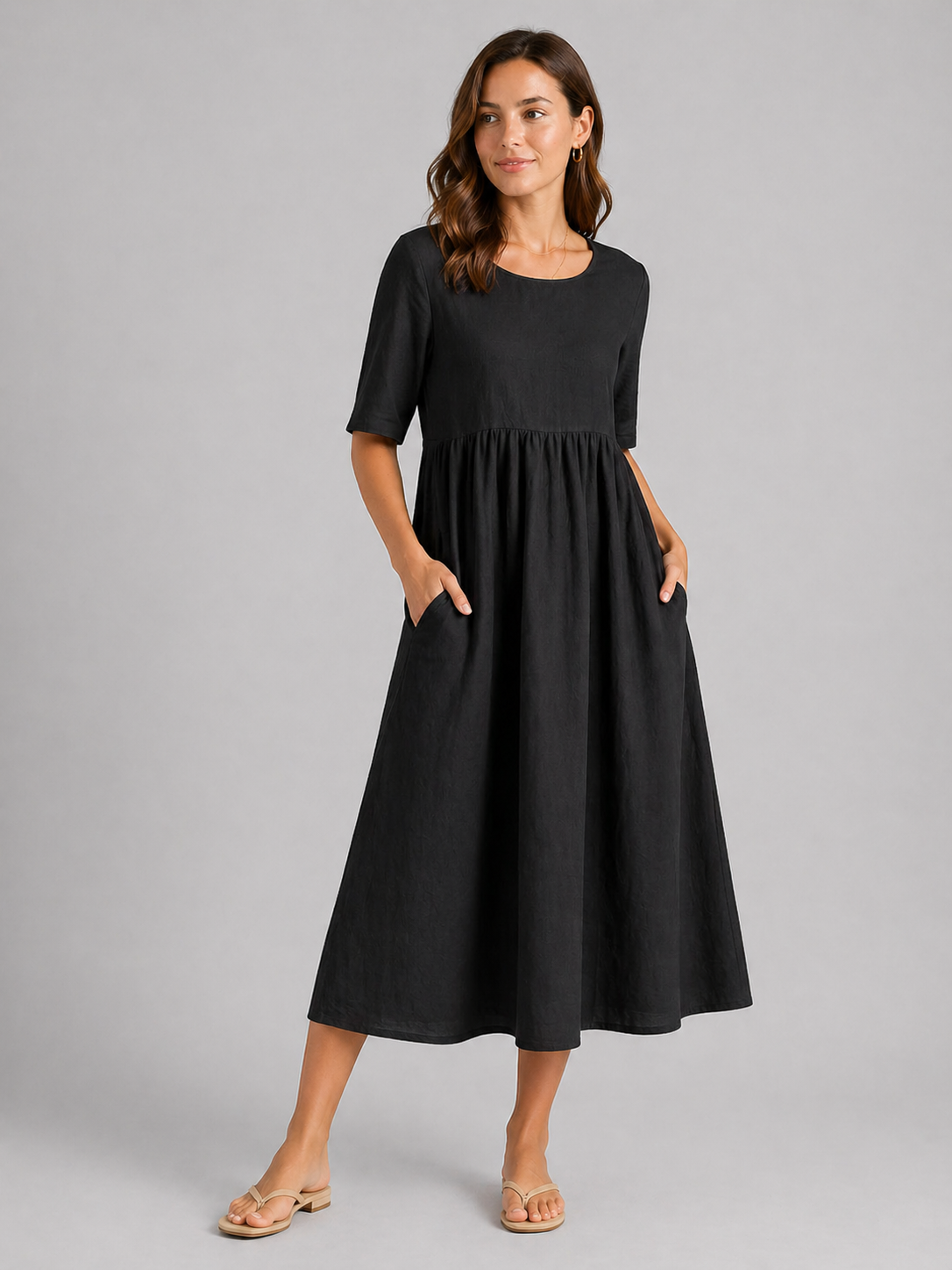 Women's Breathable Linen Cotton Midi Dress